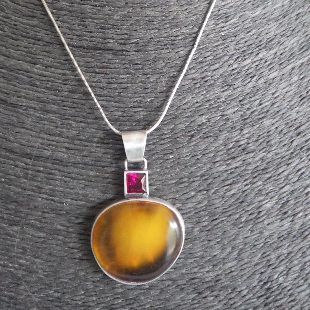 Couture Danka Czapnik Amber & Ruby Pendant Sterling Silver Signed